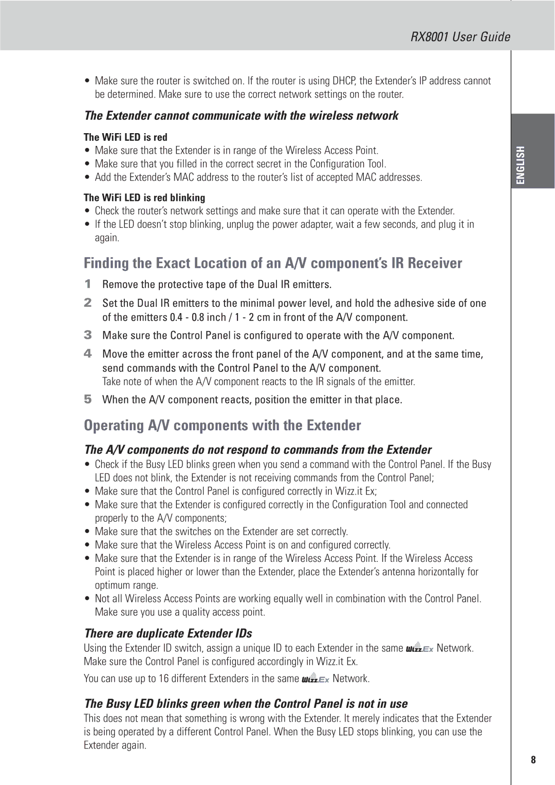 Marantz RX8001 manual Operating A/V components with the Extender, Extender cannot communicate with the wireless network 