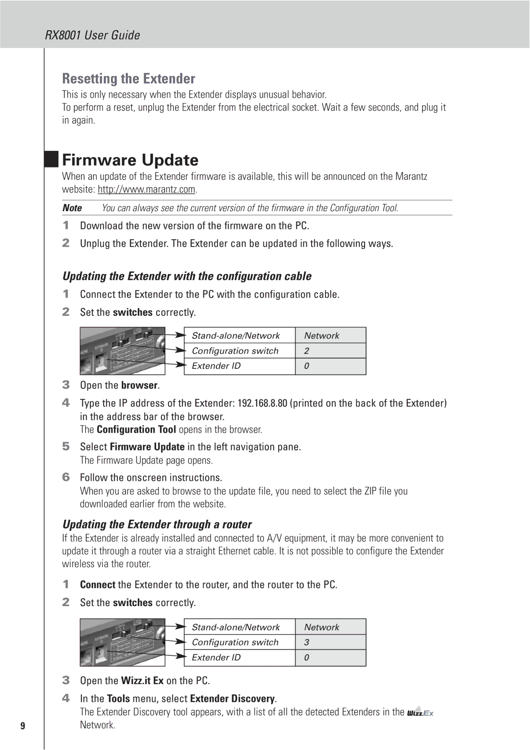 Marantz RX8001 manual Firmware Update, Resetting the Extender, Updating the Extender with the configuration cable 