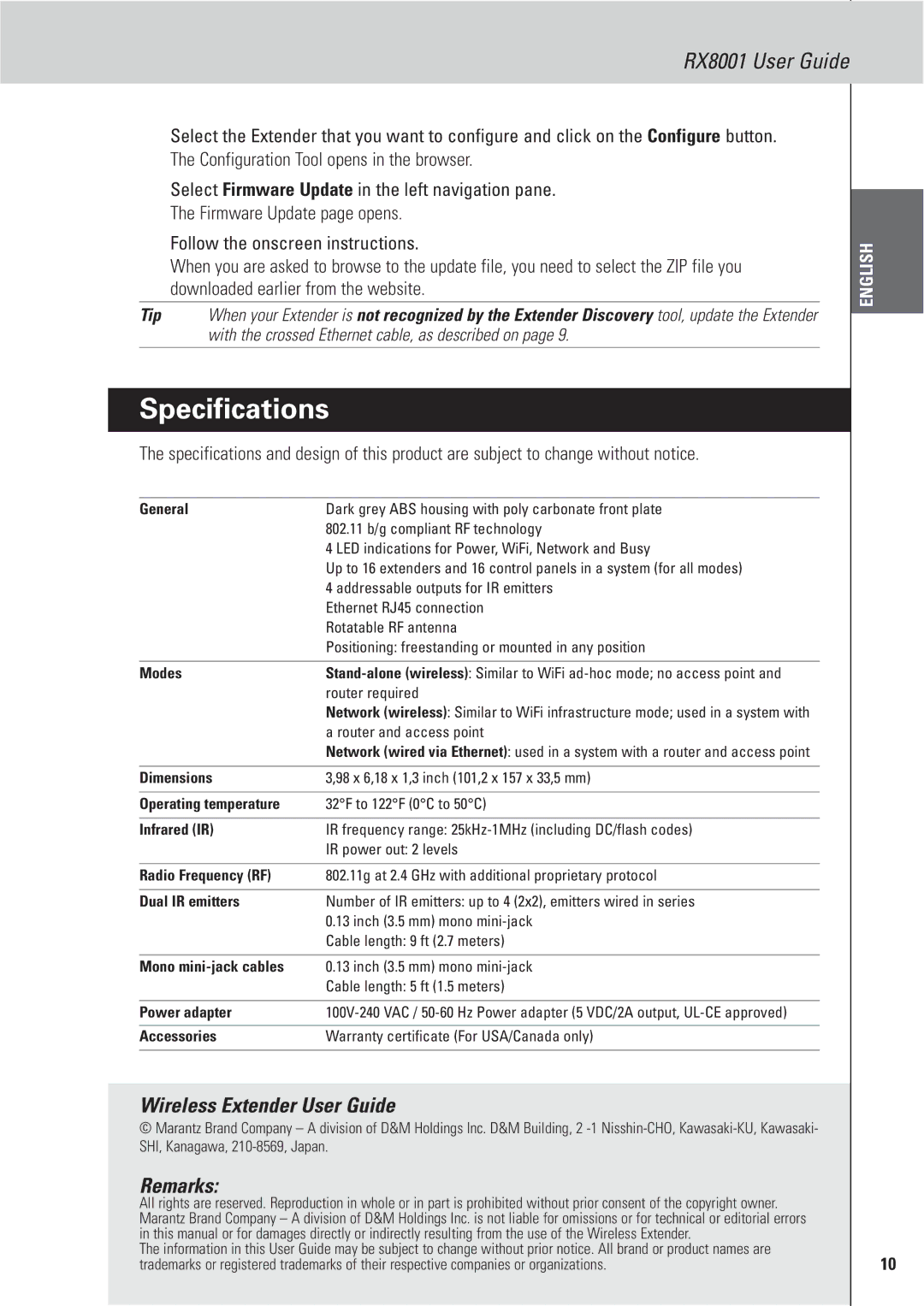 Marantz RX8001 manual Specifications, Wireless Extender User Guide, Remarks 