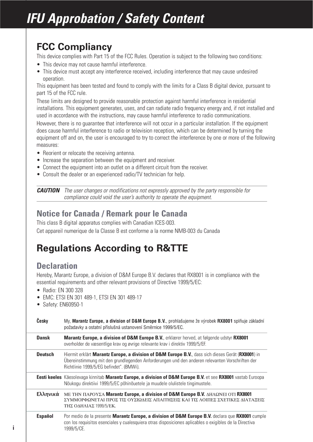 Marantz RX8001 manual FCC Compliancy, Regulations According to R&TTE, Declaration 