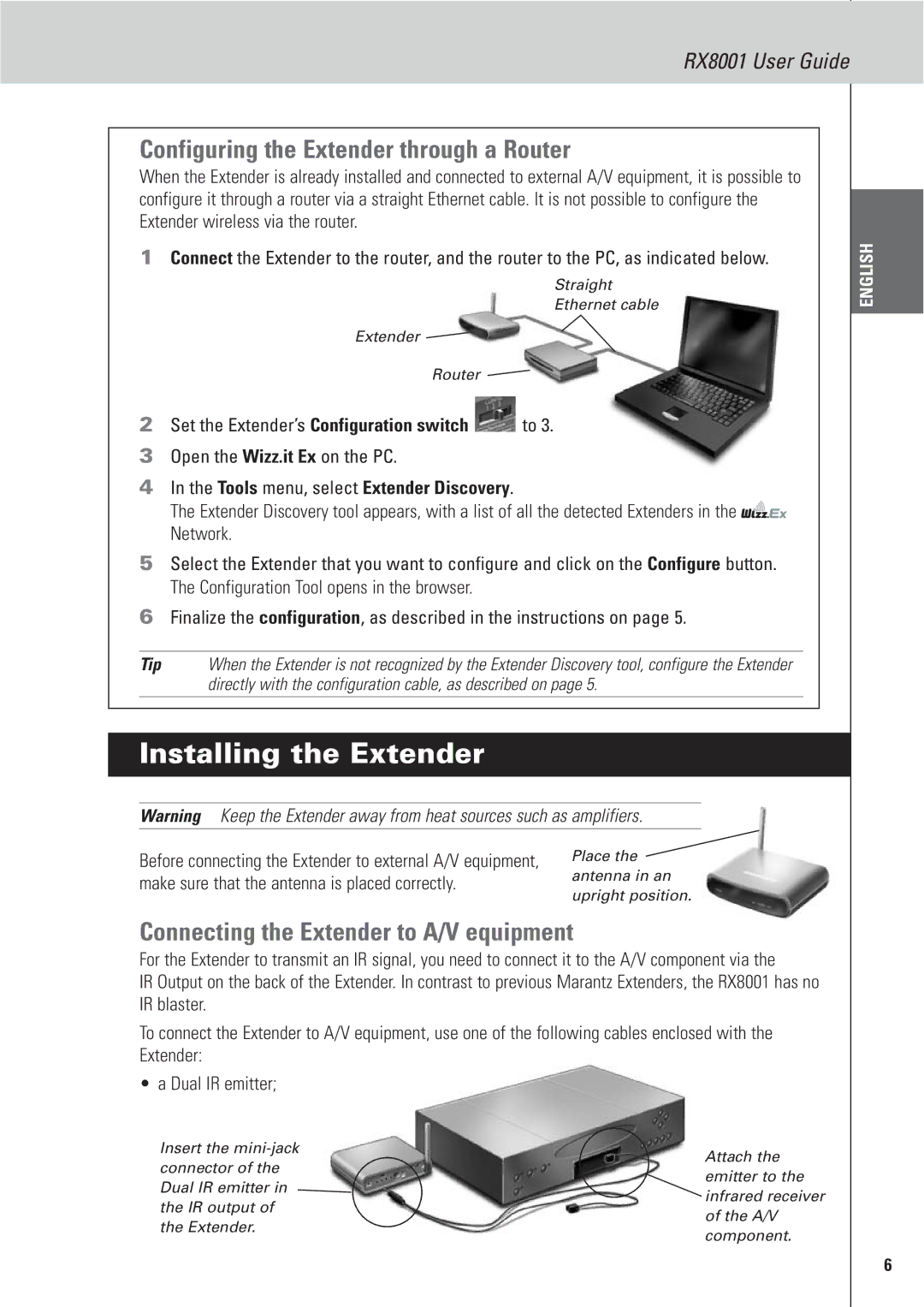 Marantz RX8001 manual Installing the Extender, Configuring the Extender through a Router 