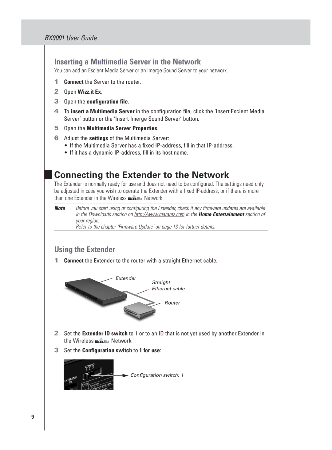 Marantz RX9001 Connecting the Extender to the Network, Inserting a Multimedia Server in the Network, Using the Extender 