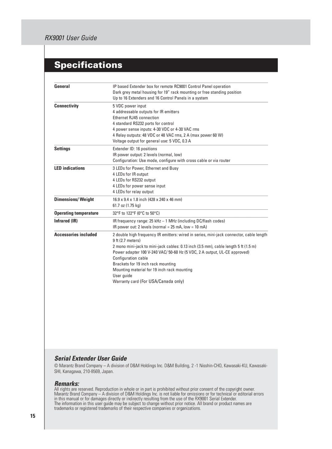 Marantz RX9001 manual Specifications, Serial Extender User Guide, Remarks 