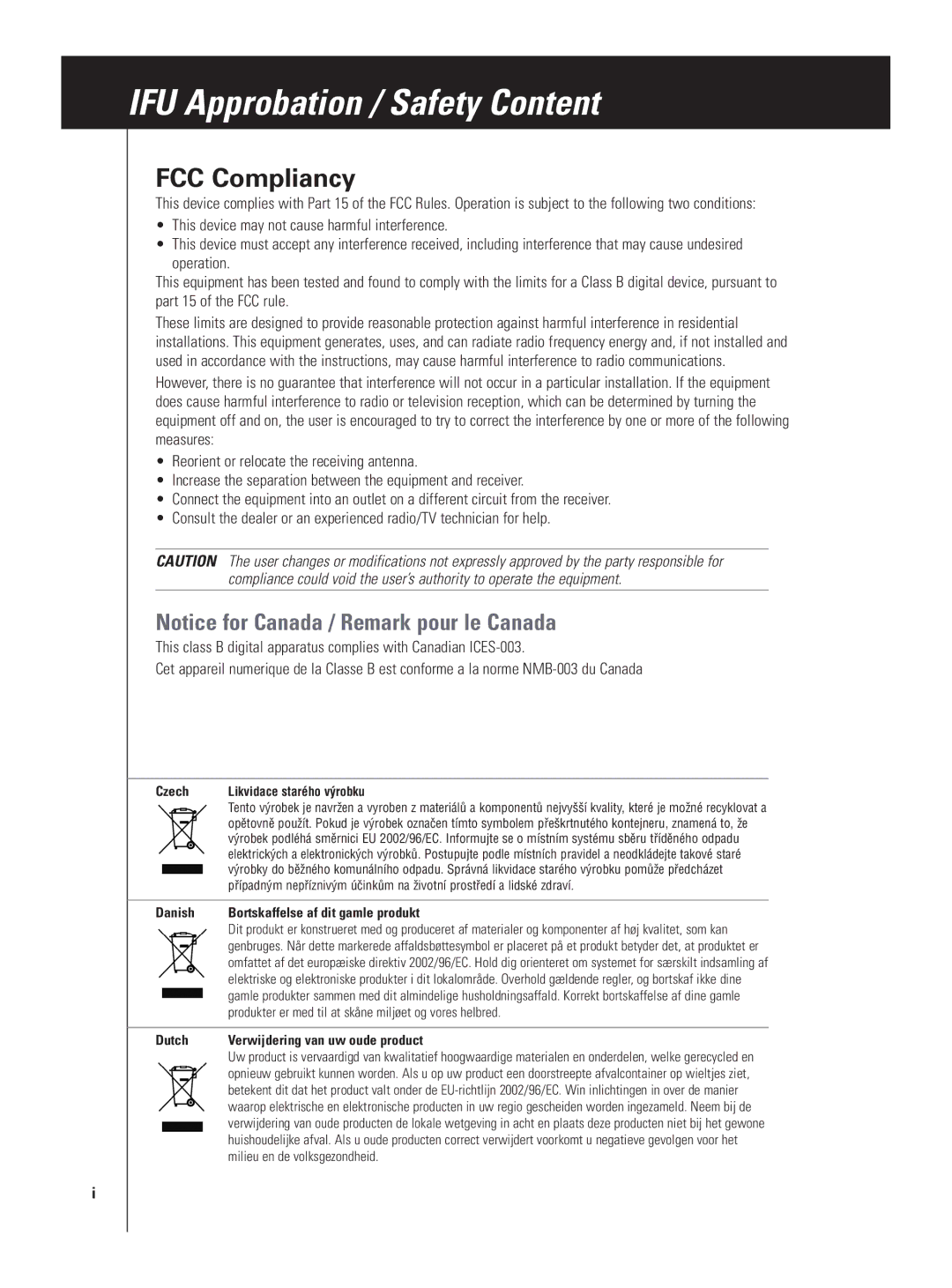 Marantz RX9001 manual FCC Compliancy, Czech Likvidace starého výrobku, Danish Bortskaffelse af dit gamle produkt 