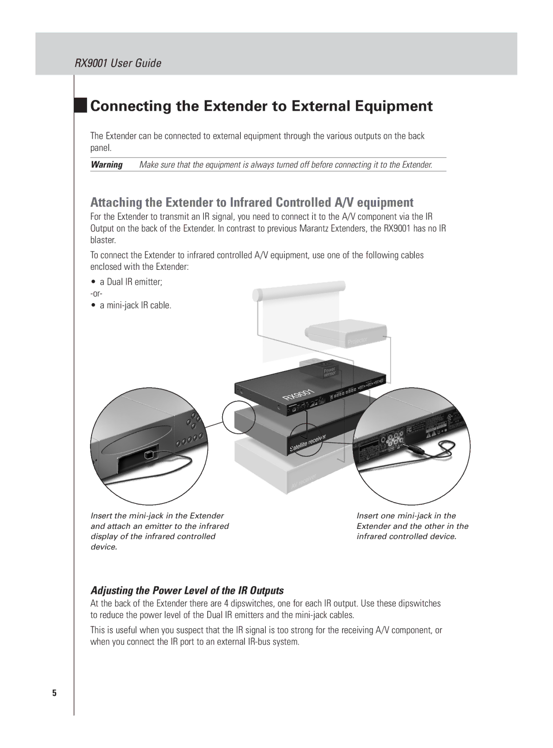 Marantz RX9001 Connecting the Extender to External Equipment, Attaching the Extender to Infrared Controlled A/V equipment 