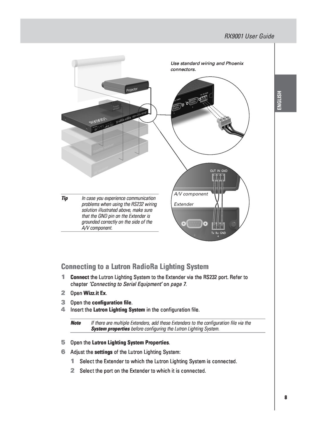 Marantz Connecting to a Lutron RadioRa Lighting System, Tip In case you experience communication, RX9001 User Guide 