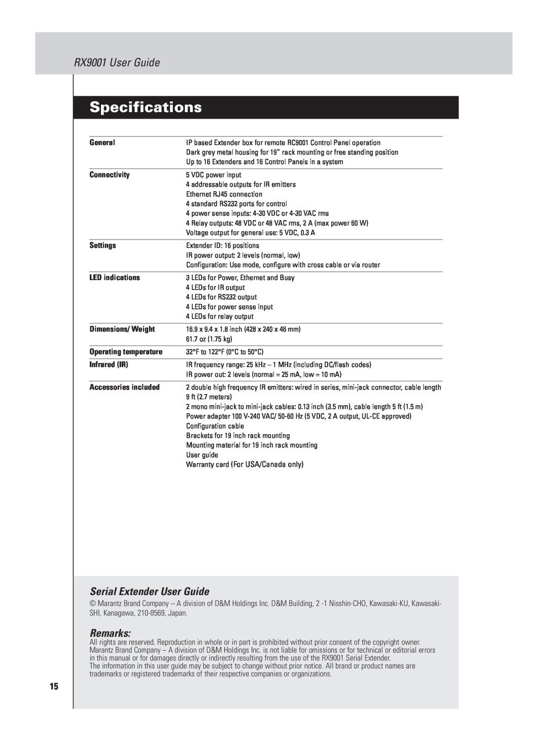 Marantz manual Specifications, Serial Extender User Guide, Remarks, RX9001 User Guide 
