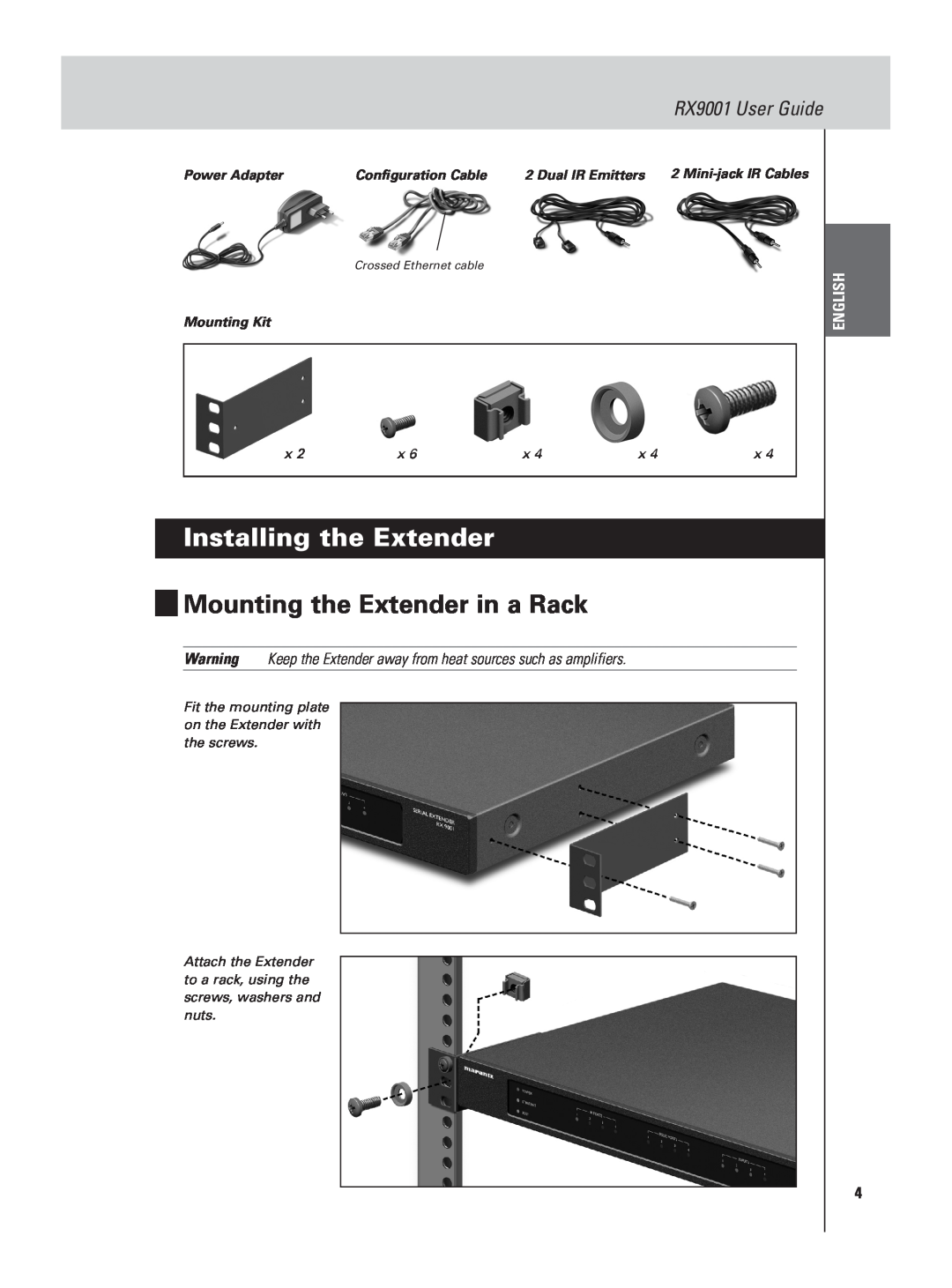 Marantz manual Installing the Extender, Mounting the Extender in a Rack, RX9001 User Guide, English, Power Adapter 
