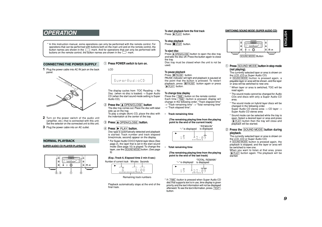 Marantz SA-11S1 manual Operation, Connecting the Power Supply, Normal Playback 