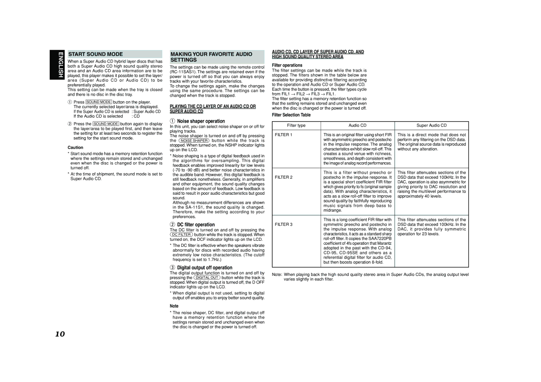 Marantz SA-11S1 manual Start Sound Mode, Making Your Favorite Audio Settings, Noise shaper operation, DC filter operation 