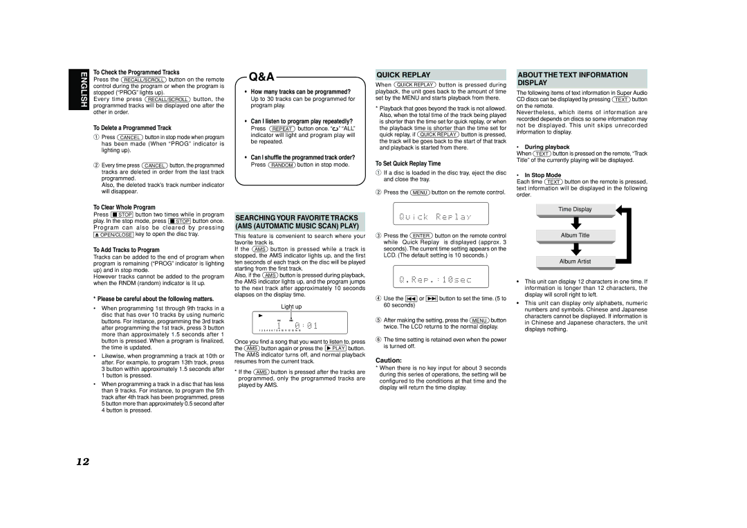 Marantz SA-11S1 manual Quick Replay, About the Text Information Display, During playback, Stop Mode 