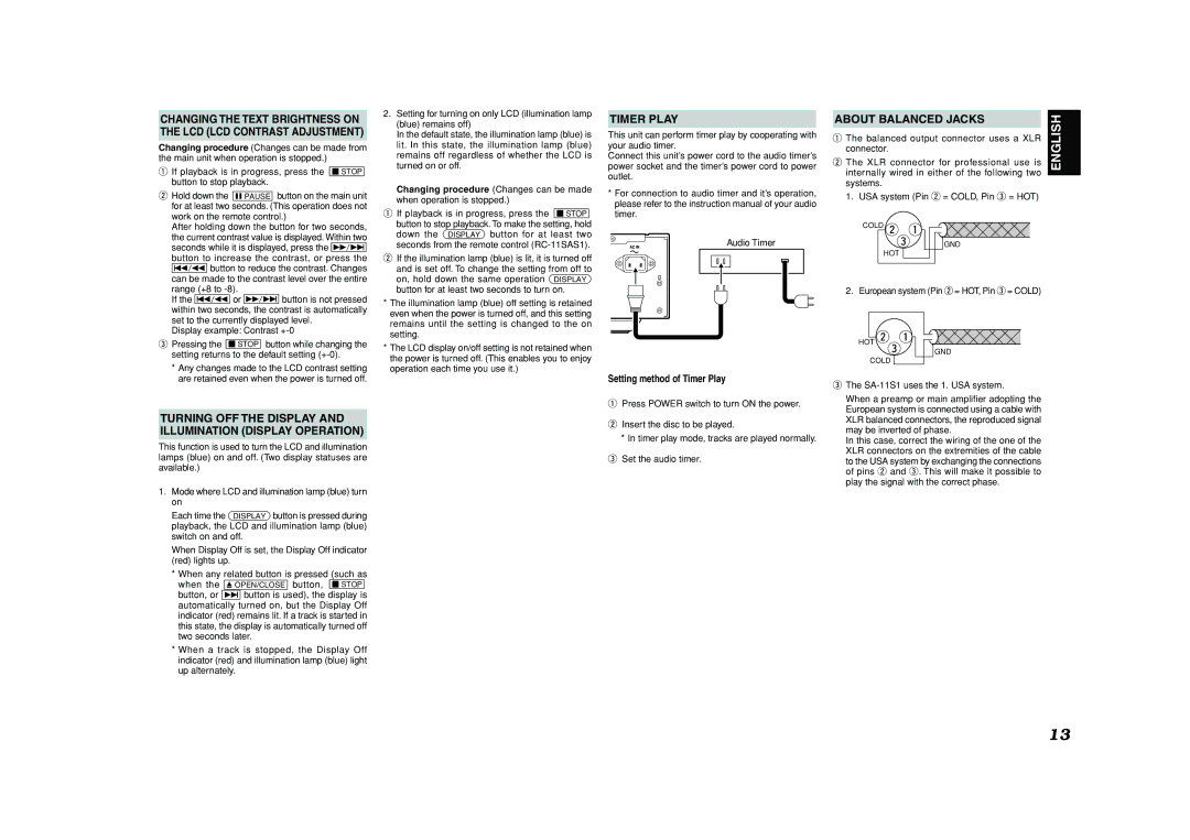 Marantz SA-11S1 manual Timer Play, About Balanced Jacks, Turning OFF the Display Illumination Display Operation 