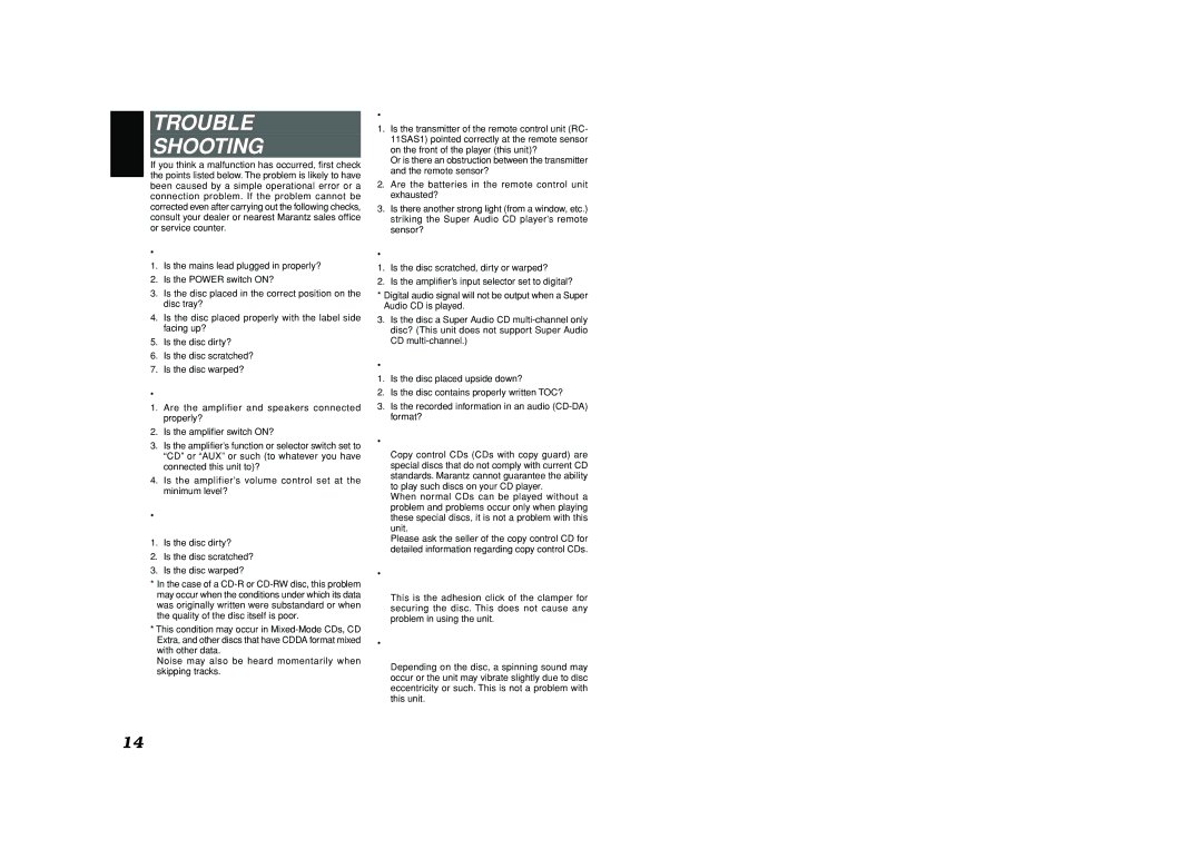 Marantz SA-11S1 manual Trouble Shooting 