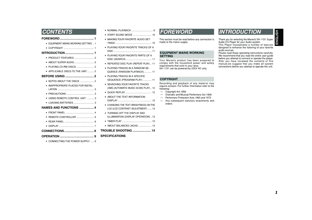 Marantz SA-11S1 manual Contents, Foreword, Introduction 