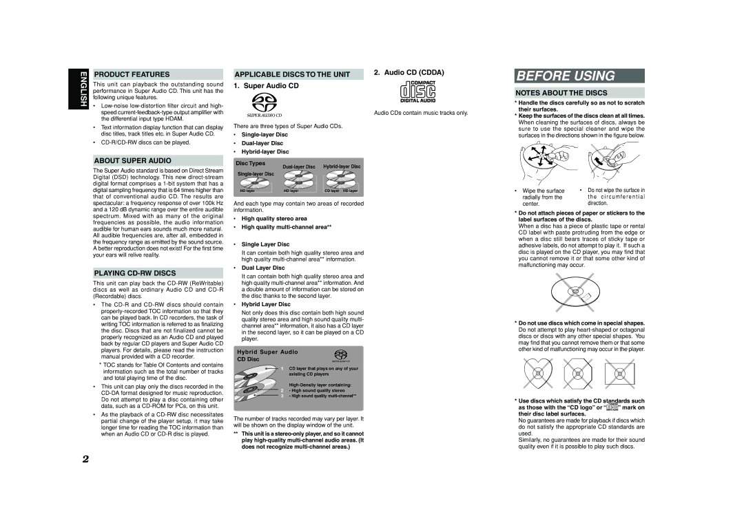 Marantz SA-11S1 manual Before Using, Product Features, About Super Audio, Playing CD-RW Discs, Applicable Discs to the Unit 