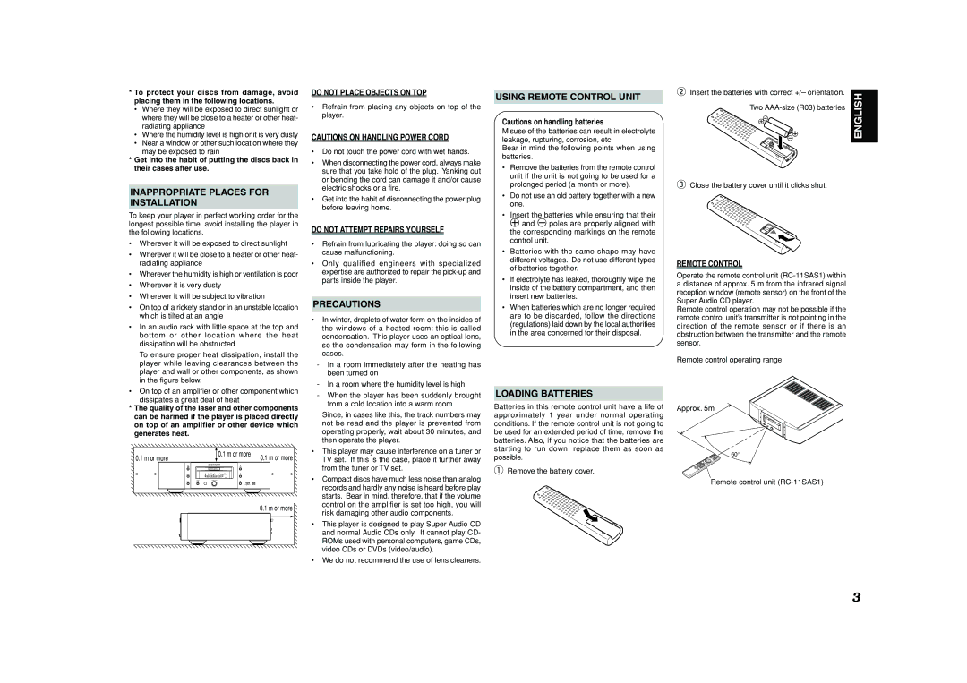 Marantz SA-11S1 manual Inappropriate Places for Installation, Precautions, Using Remote Control Unit, Loading Batteries 