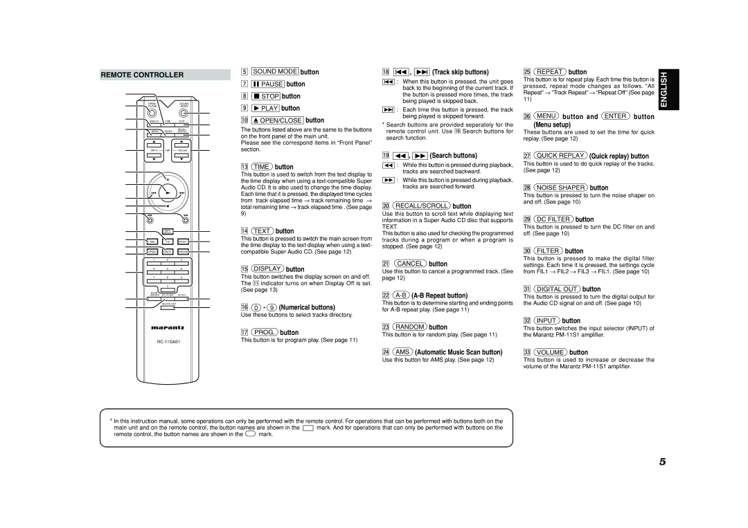 Marantz SA-11S1 manual Remote Controller 