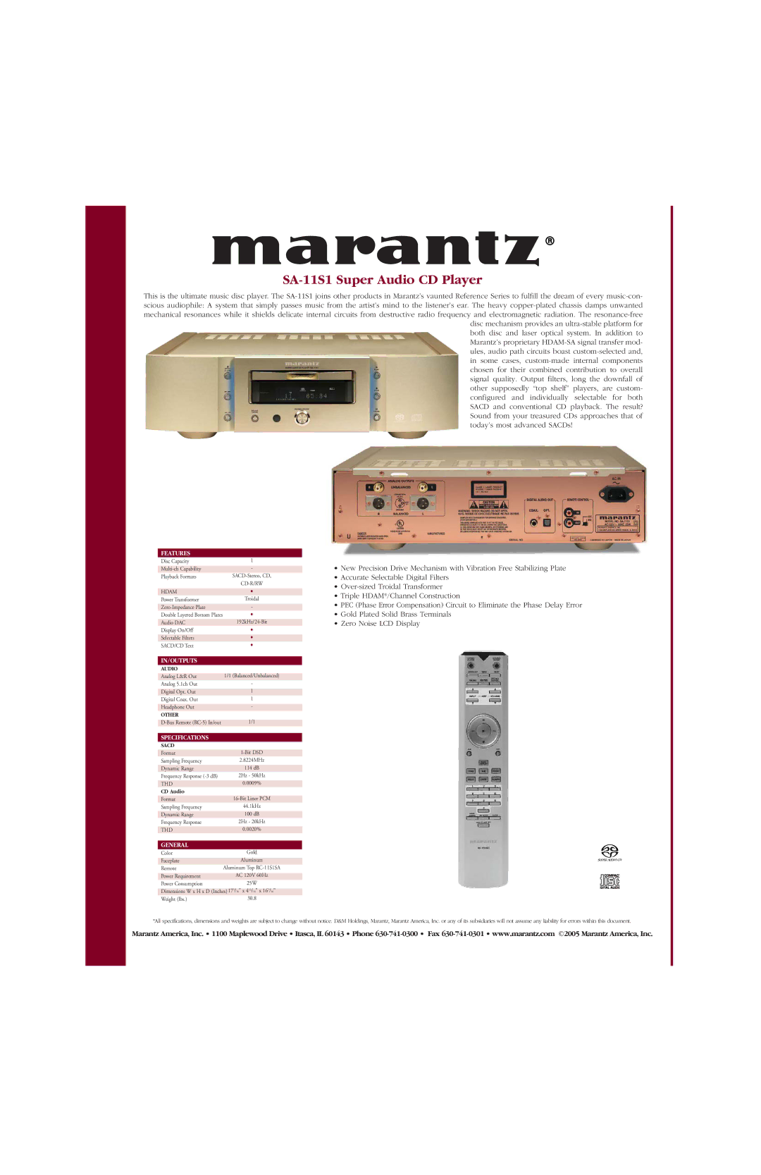 Marantz specifications SA-11S1 Super Audio CD Player, Features, In/Outputs, Specifications, General 