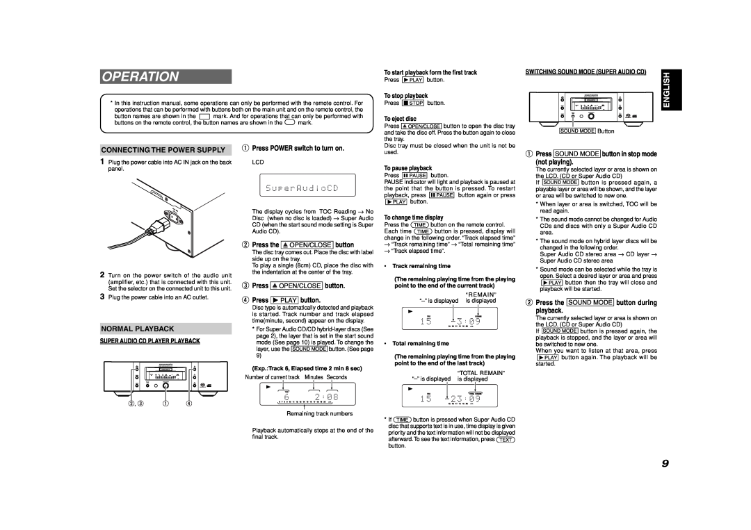 Marantz SA-11S1 manual Operation, Connecting The Power Supply, Normal Playback, English 