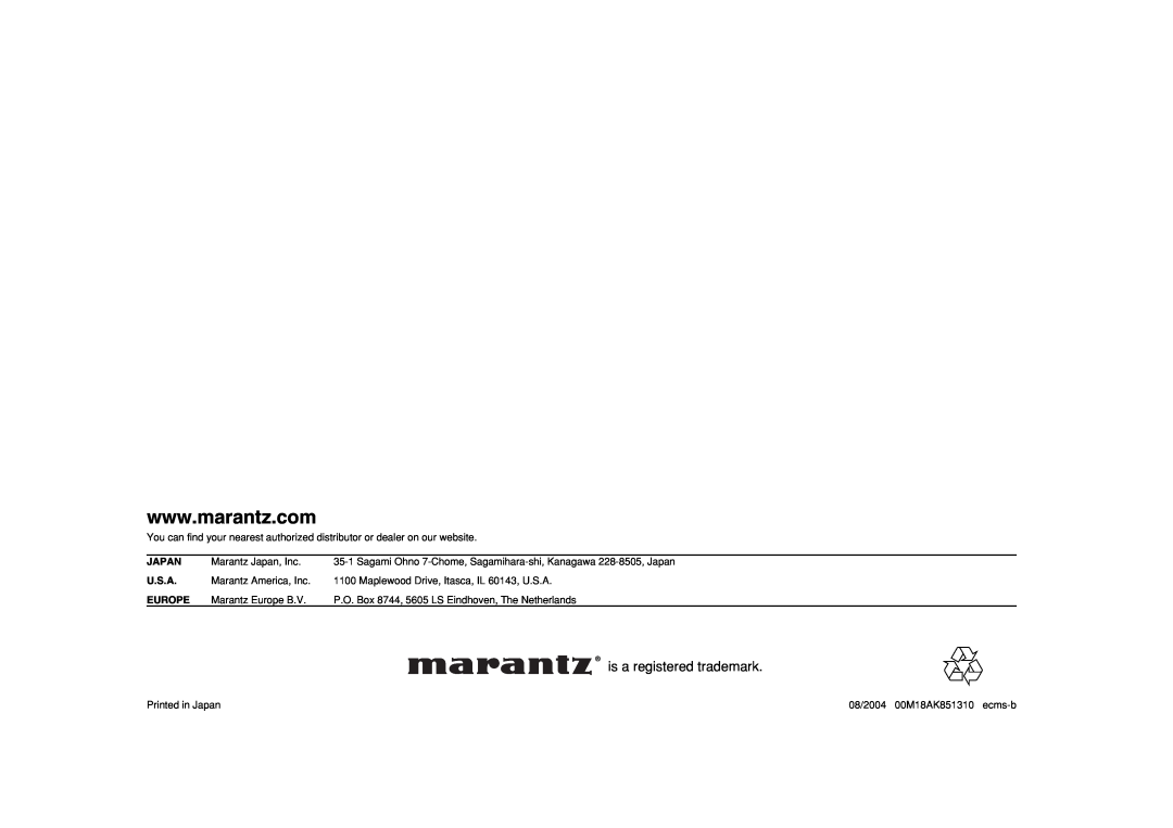 Marantz SA-11S1 manual Japan, U.S.A, Europe, is a registered trademark 