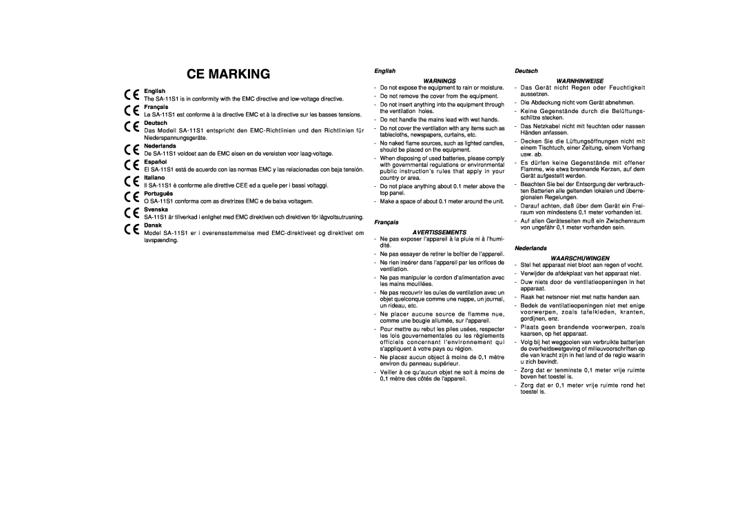 Marantz SA-11S1 manual Ce Marking, English, Français, Deutsch, Nederlands, Español, Italiano, Português, Svenska, Dansk 
