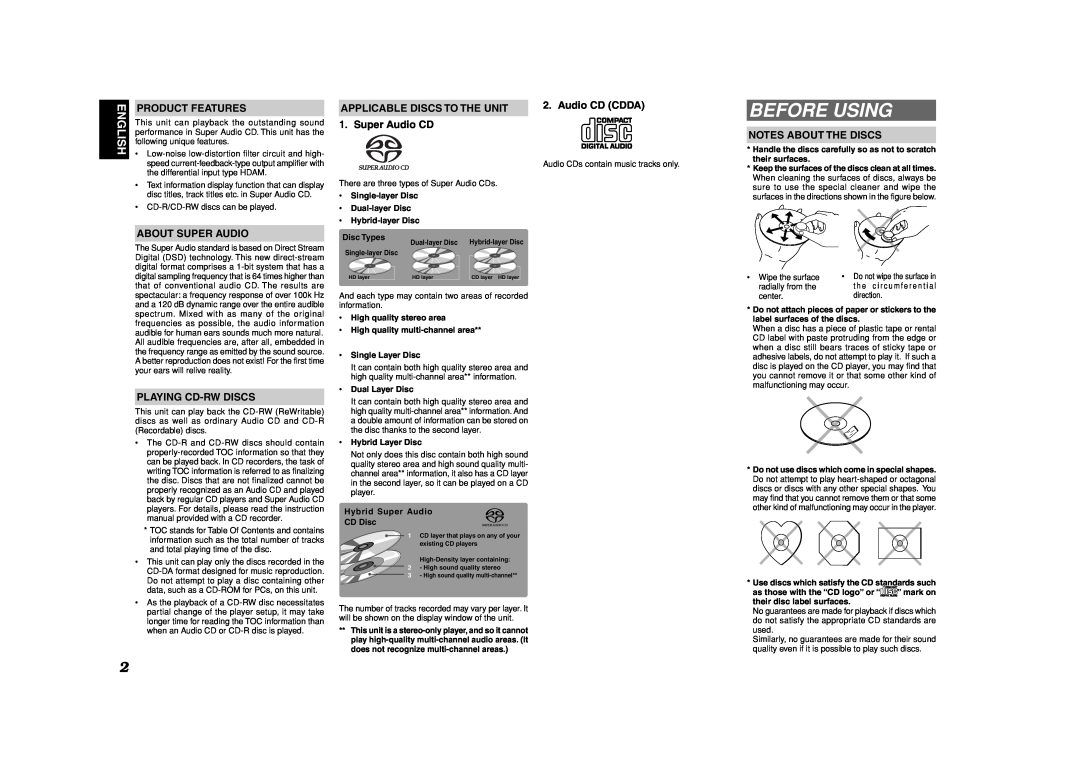 Marantz SA-11S1 manual Before Using, Product Features, About Super Audio, Playing Cd-Rwdiscs, Audio CD CDDA 