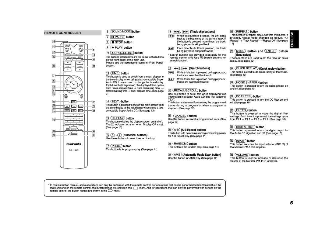Marantz SA-11S1 manual Remote Controller, English 