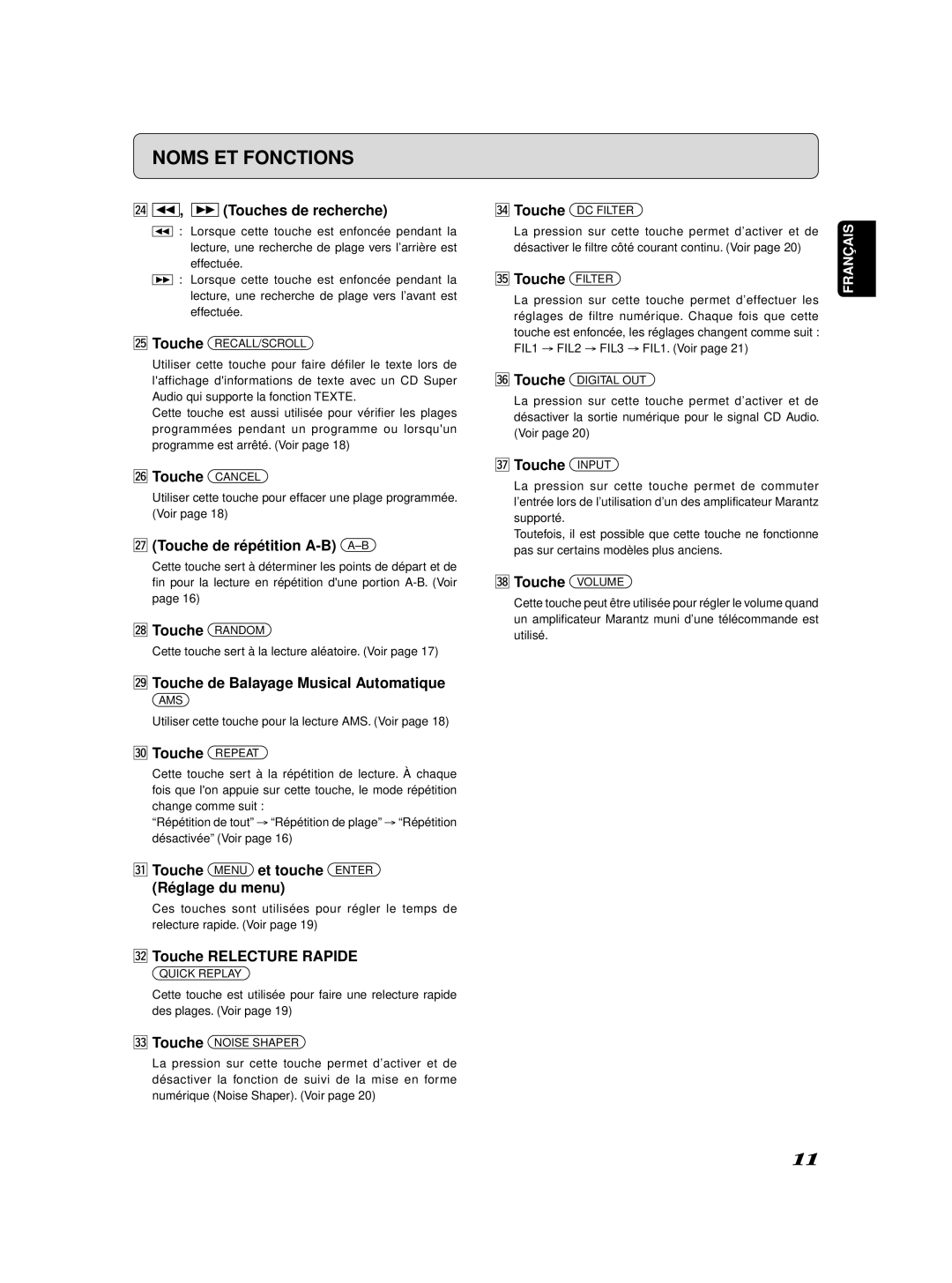 Marantz SA-11S2 manual ¤4 , Touches de recherche, ¤6 Touche Cancel, ¤7 Touche de répétition A-B A-B, ¤8 Touche Random 