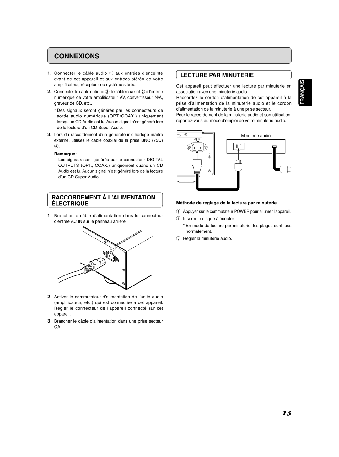 Marantz SA-11S2 manual Lecture PAR Minuterie, Raccordement À Lalimentation Électrique 