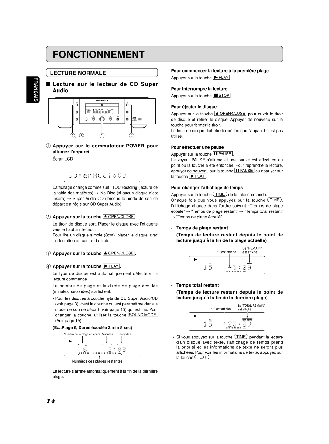 Marantz SA-11S2 manual Fonctionnement, Lecture Normale, Lecture sur le lecteur de CD Super, Audio 