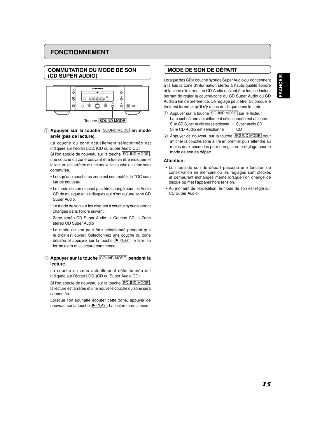 Marantz SA-11S2 manual Commutation DU Mode DE SON CD Super Audio, Mode DE SON DE Départ 