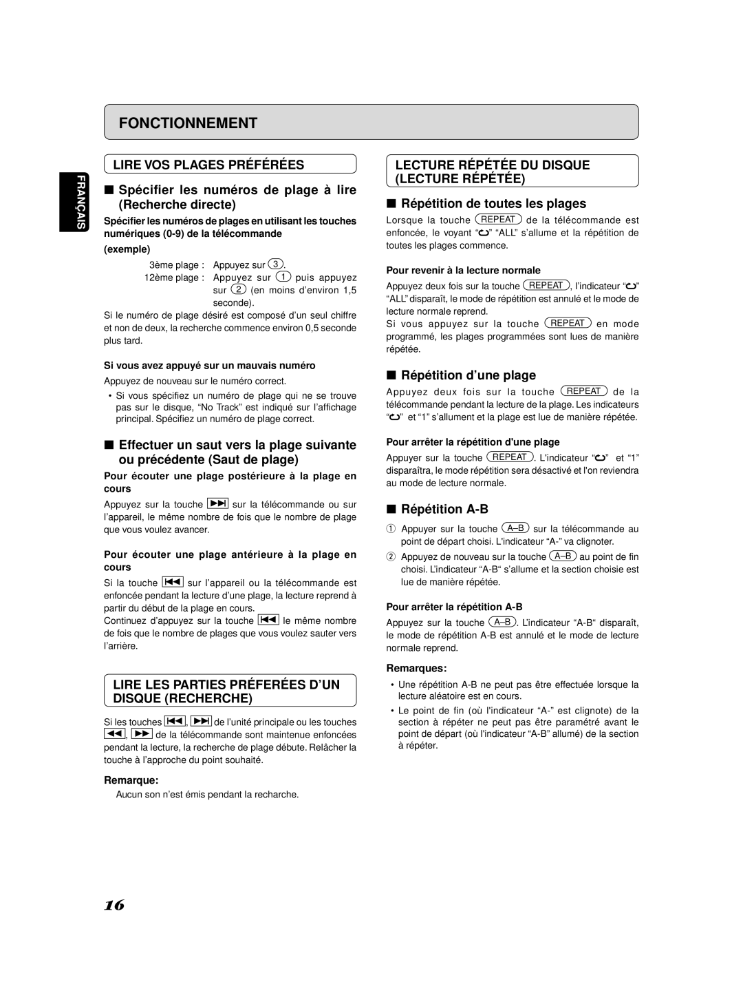 Marantz SA-11S2 manual Lire VOS Plages Préférées, Lire LES Parties Préferées D’UN Disque Recherche 