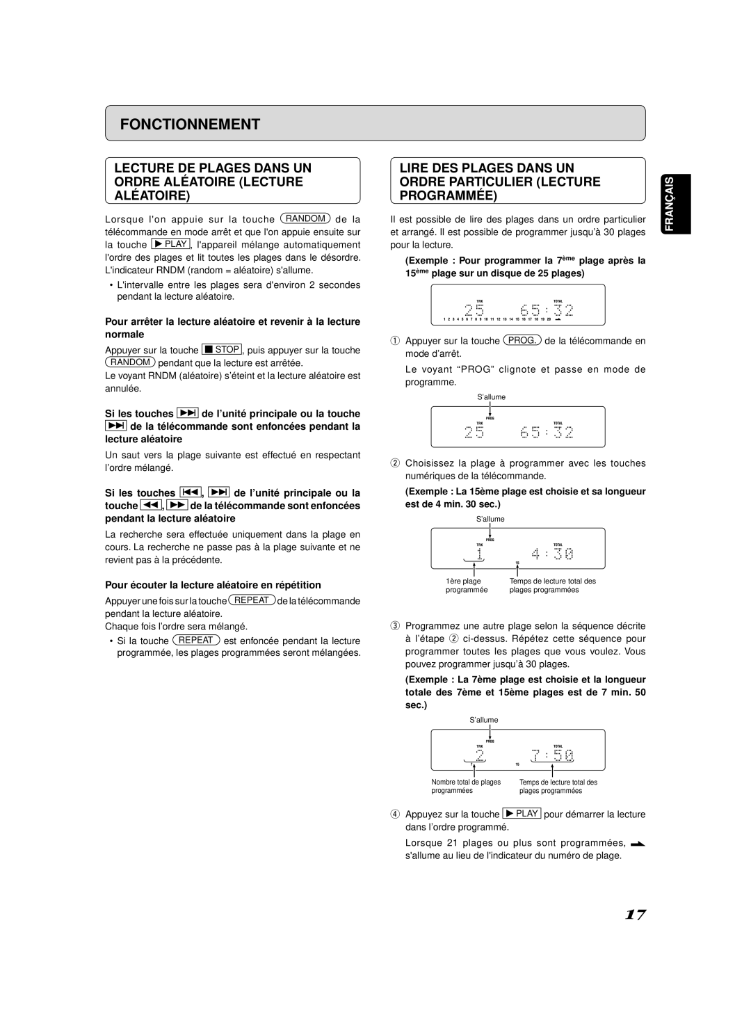 Marantz SA-11S2 manual Lecture DE Plages Dans UN Ordre Aléatoire Lecture Aléatoire, Programmée 