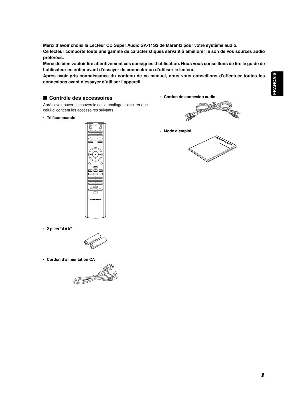 Marantz SA-11S2 manual Contrôle des accessoires, Télécommande, Cordon de connexion audio Mode d’emploi 