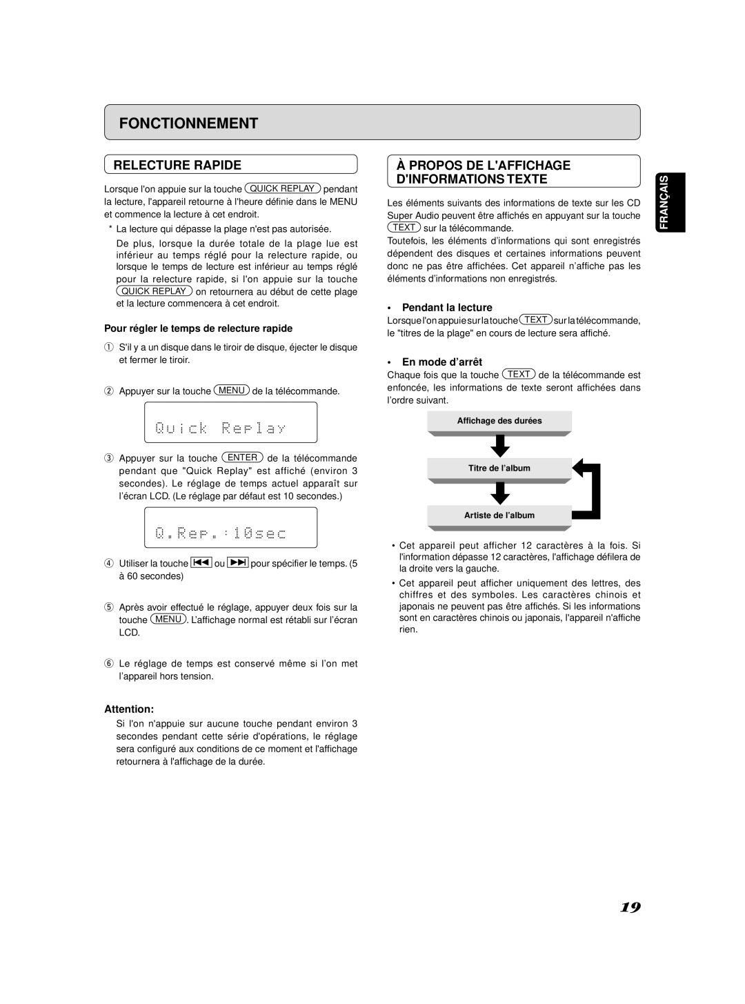 Marantz SA-11S2 manual Relecture Rapide, Propos DE Laffichage Dinformations Texte, Pour régler le temps de relecture rapide 