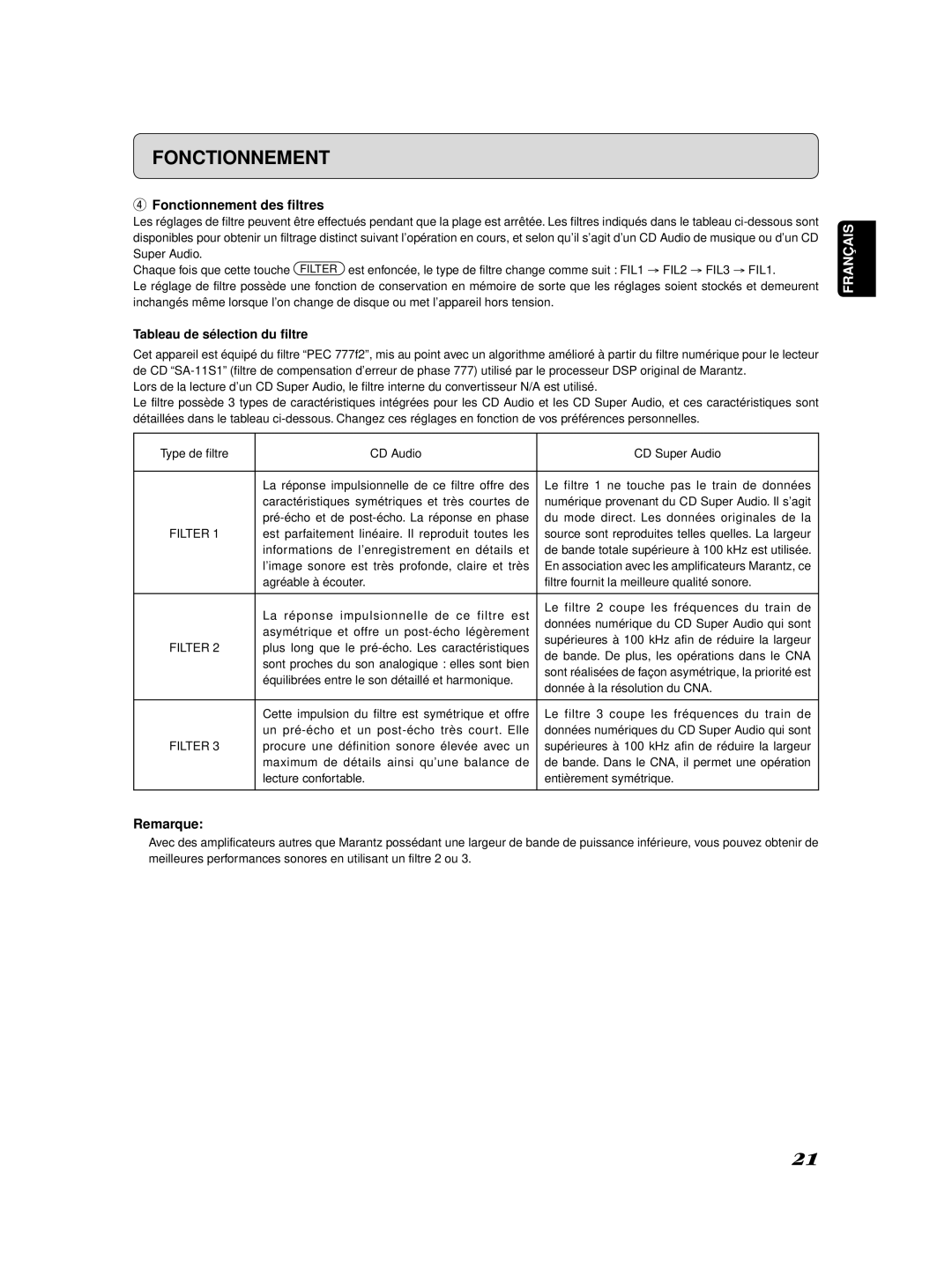 Marantz SA-11S2 manual Fonctionnement des filtres, Tableau de sélection du ﬁltre 