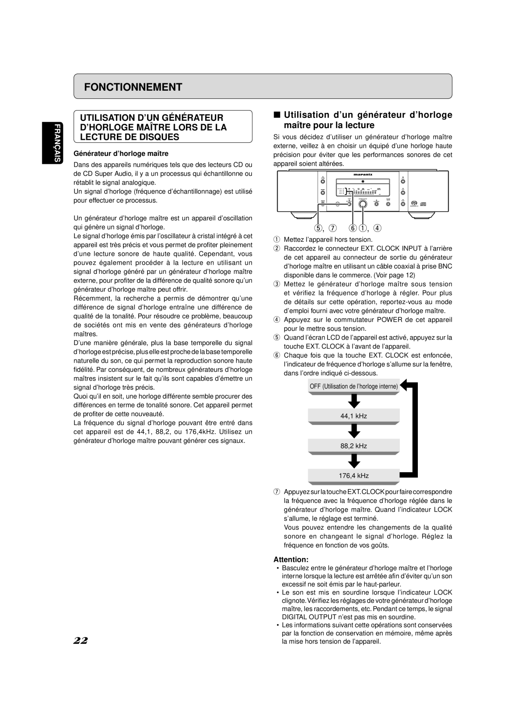 Marantz SA-11S2 Utilisation D’UN Générateur, ’HORLOGE Maître Lors DE LA, Lecture DE Disques, Générateur d’horloge maître 