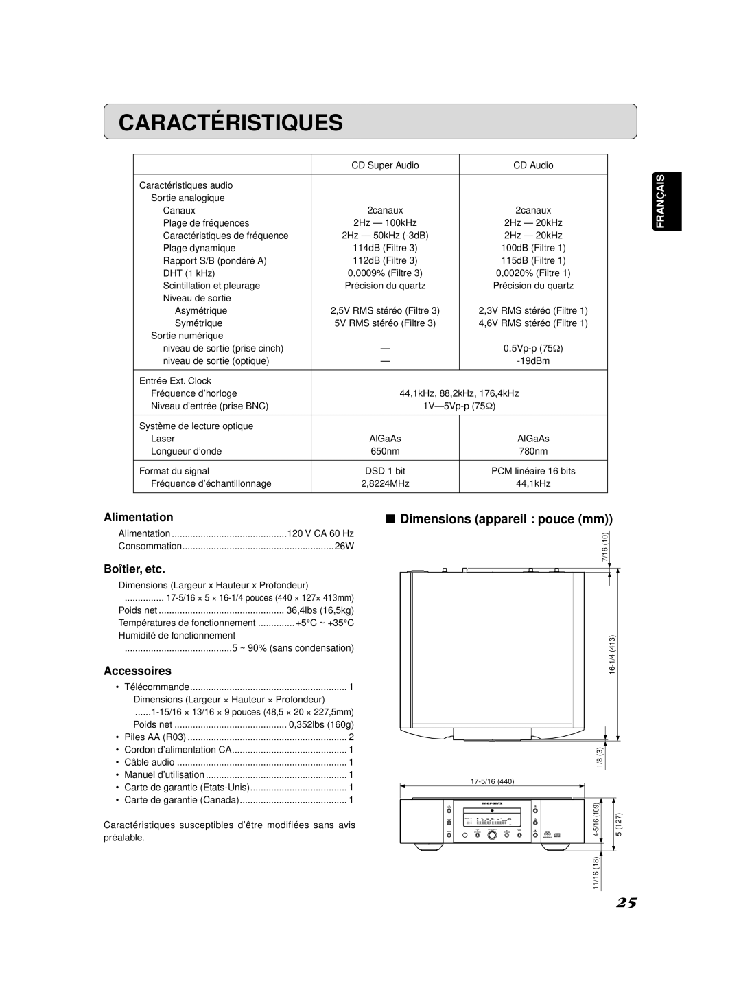 Marantz SA-11S2 manual Caractéristiques, Dimensions appareil pouce mm, Alimentation, Boîtier, etc, Accessoires 