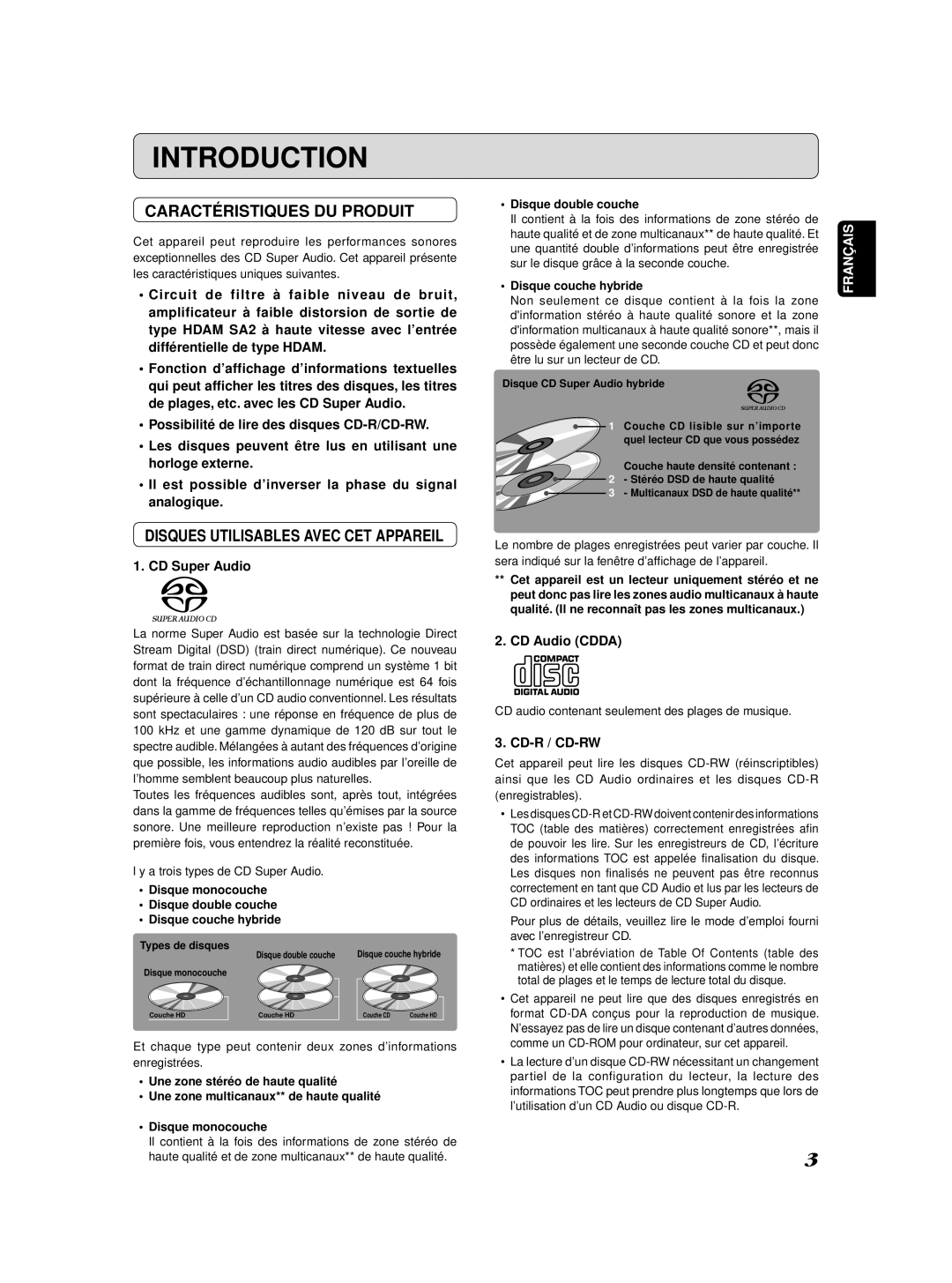 Marantz SA-11S2 manual Introduction, Caractéristiques DU Produit, CD Super Audio, CD Audio Cdda, Cd-R / Cd-Rw 