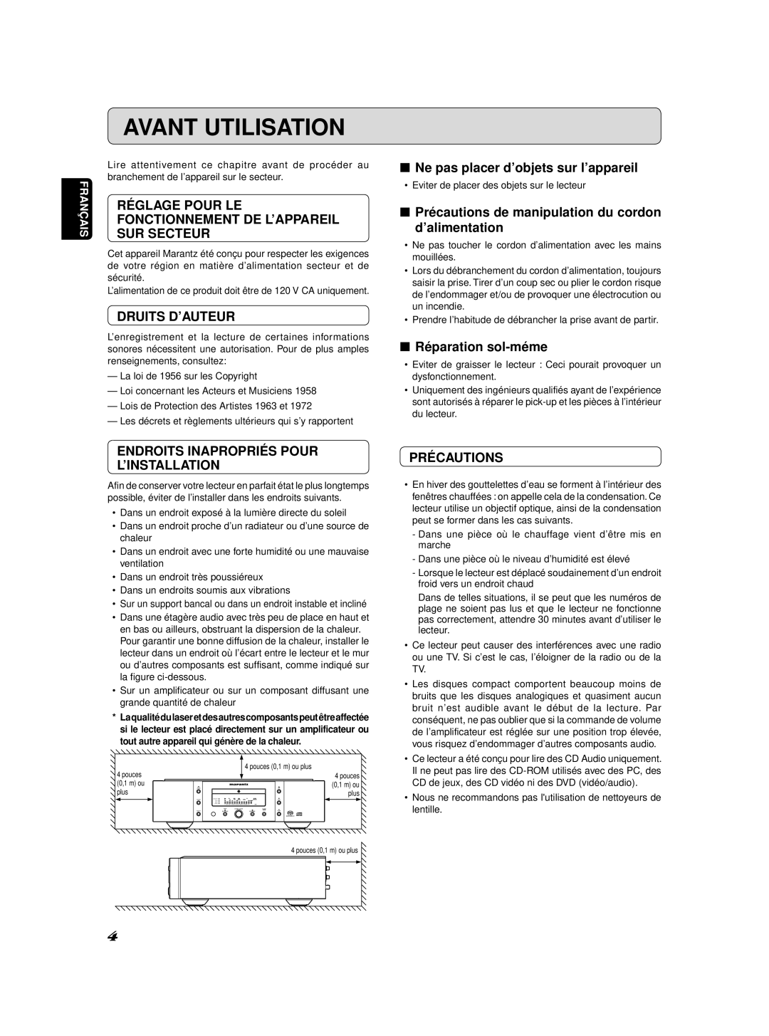 Marantz SA-11S2 Avant Utilisation, Réglage Pour LE Fonctionnement DE L’APPAREIL SUR Secteur, Druits D’AUTEUR, Précautions 