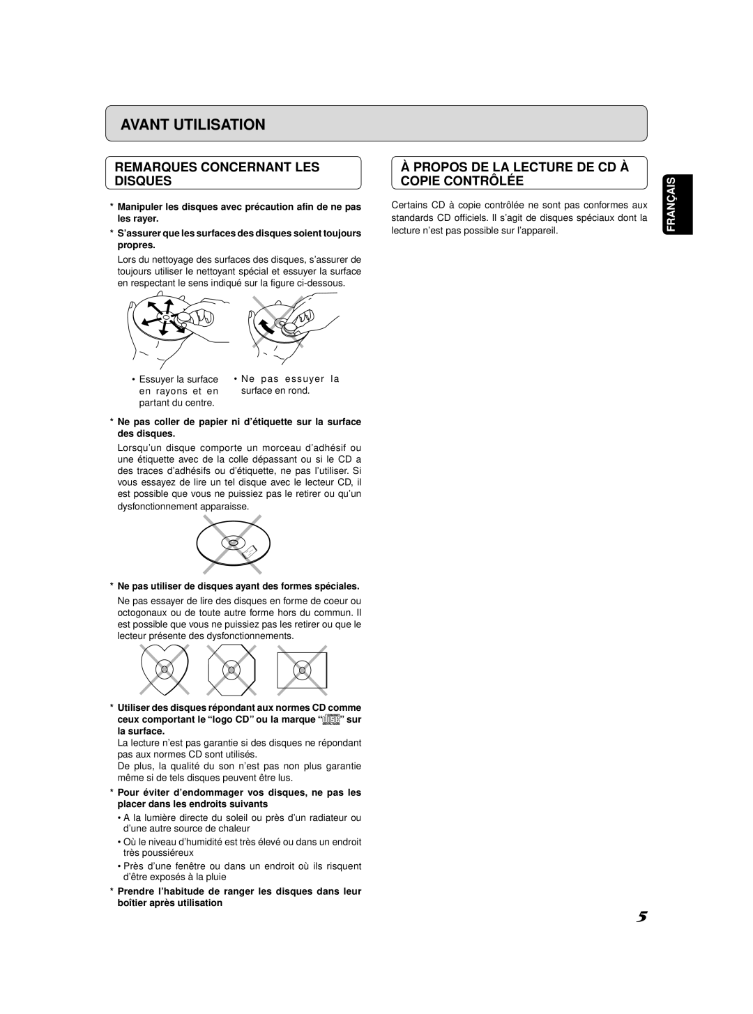 Marantz SA-11S2 manual Remarques Concernant LES Disques, Propos DE LA Lecture DE CD À Copie Contrôlée 