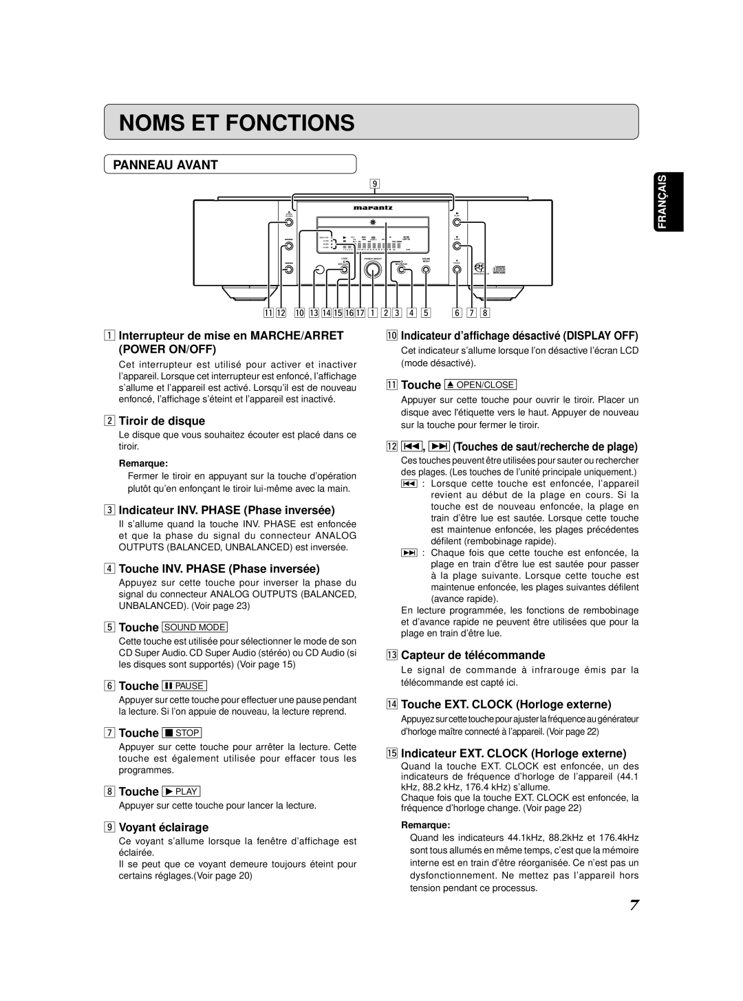 Marantz SA-11S2 manual Noms ET Fonctions, Panneau Avant 