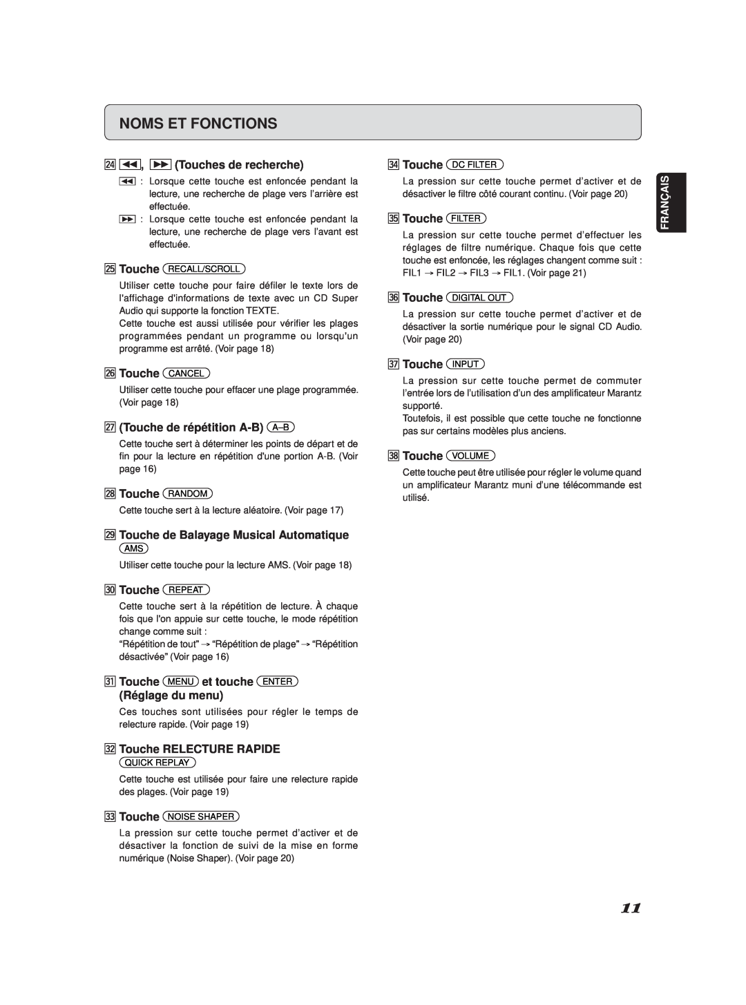 Marantz SA-11S2 manual Noms Et Fonctions, ¤4, Touches de recherche 