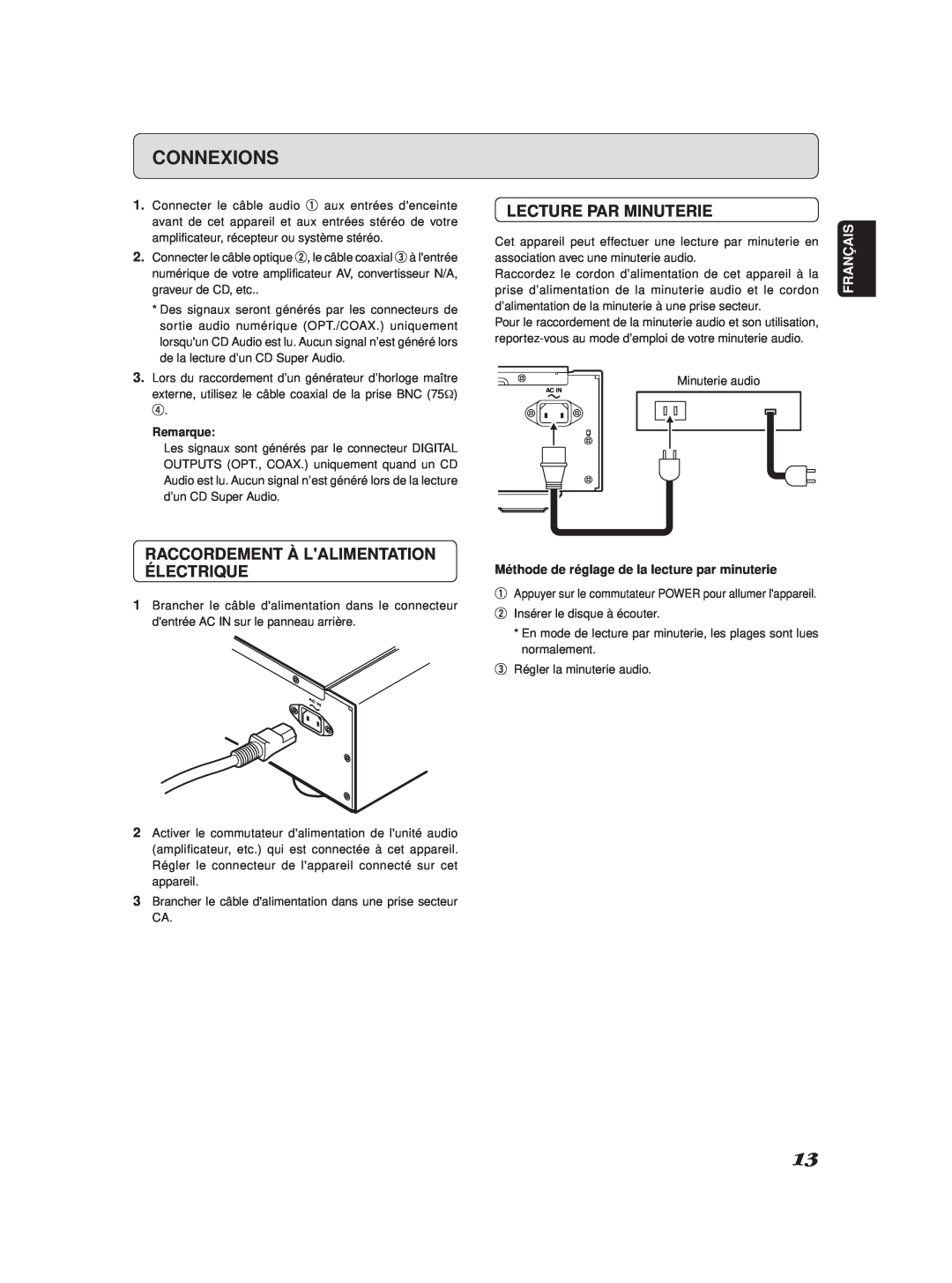 Marantz SA-11S2 manual Connexions, Lecture Par Minuterie, Raccordement À Lalimentation Électrique, Français 