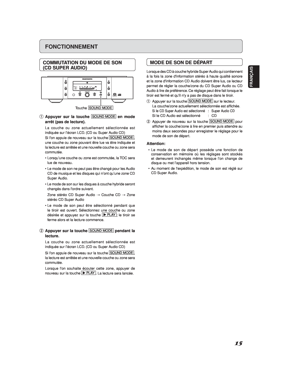 Marantz SA-11S2 manual Fonctionnement, Commutation Du Mode De Son Cd Super Audio, Mode De Son De Départ, Français 