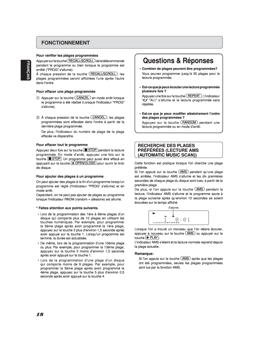 Marantz SA-11S2 manual Questions & Réponses, Fonctionnement, Français, Pour vériﬁer les plages programmées, Remarque 