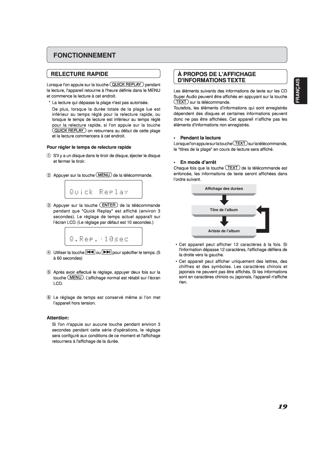 Marantz SA-11S2 Relecture Rapide, Àpropos De Laffichage Dinformations Texte, Fonctionnement, Pendant la lecture, Français 