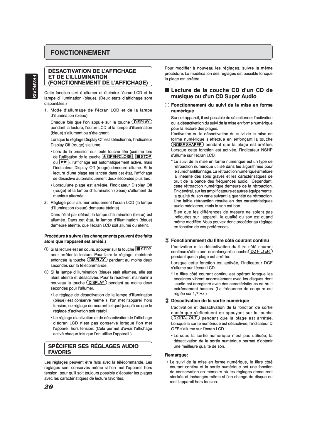Marantz SA-11S2 manual Spécifier Ses Réglages Audio Favoris, Fonctionnement 