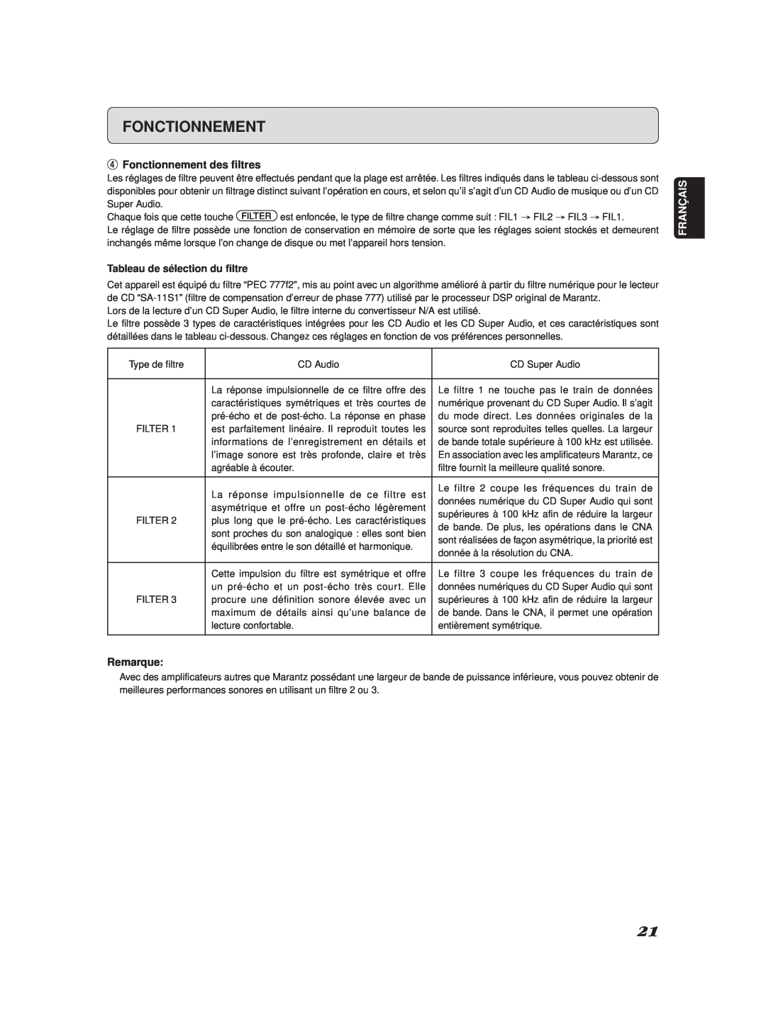 Marantz SA-11S2 manual rFonctionnement des filtres, Tableau de sélection du ﬁltre, Remarque, Français 