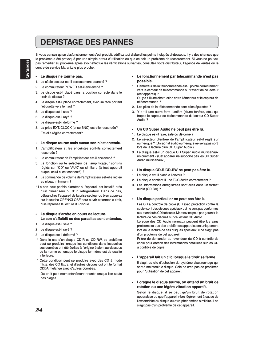 Marantz SA-11S2 manual Depistage Des Pannes 